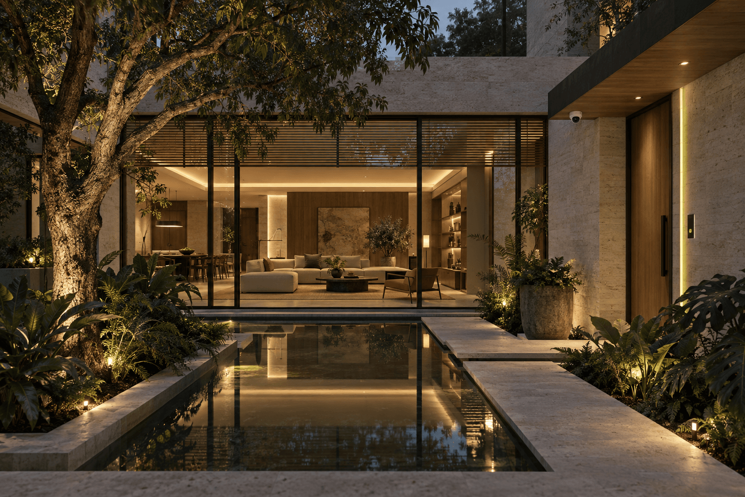 Visualización conceptual de una casa con iluminación integrada, persianas y acceso controlado.